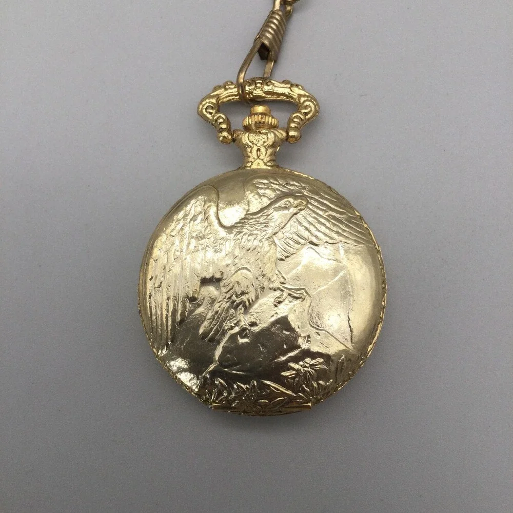 Futura Pocket Watch Men 46mm Gold Tone Eagle Hunter Case Chain Antimagnetic